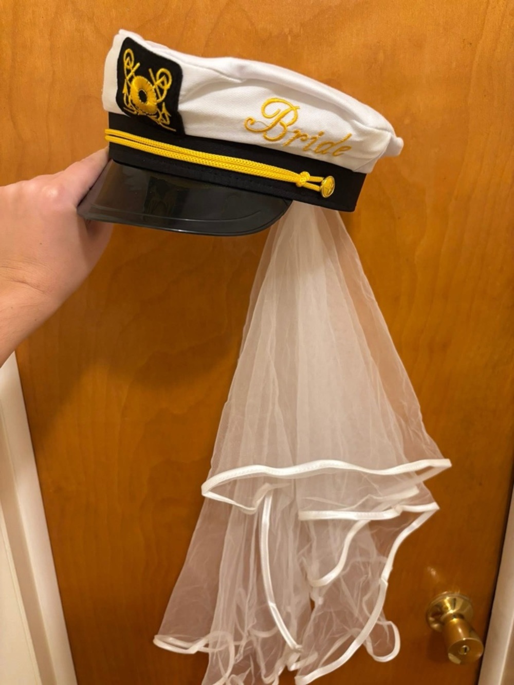 Bride Embroidered Sailor Cap with Veil - White & Black with Gold Trim